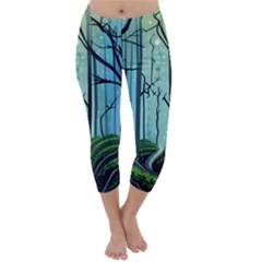 Nature Outdoors Night Trees Scene Forest Woods Light Moonlight Wilderness Stars Capri Winter Leggings 