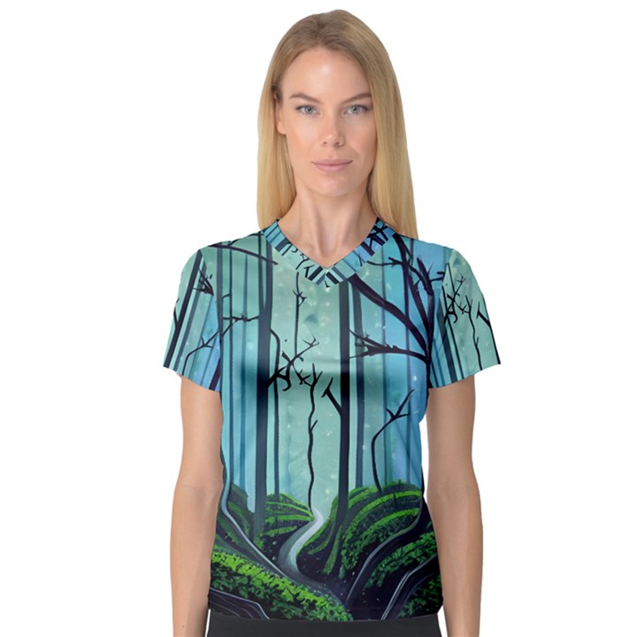 Nature Outdoors Night Trees Scene Forest Woods Light Moonlight Wilderness Stars V-Neck Sport Mesh T-Shirt