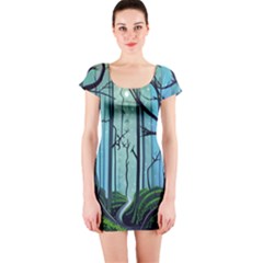 Nature Outdoors Night Trees Scene Forest Woods Light Moonlight Wilderness Stars Short Sleeve Bodycon Dress by Posterlux