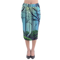 Nature Outdoors Night Trees Scene Forest Woods Light Moonlight Wilderness Stars Midi Pencil Skirt by Posterlux