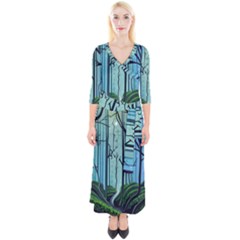 Nature Outdoors Night Trees Scene Forest Woods Light Moonlight Wilderness Stars Quarter Sleeve Wrap Maxi Dress by Posterlux