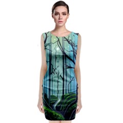 Nature Outdoors Night Trees Scene Forest Woods Light Moonlight Wilderness Stars Sleeveless Velvet Midi Dress