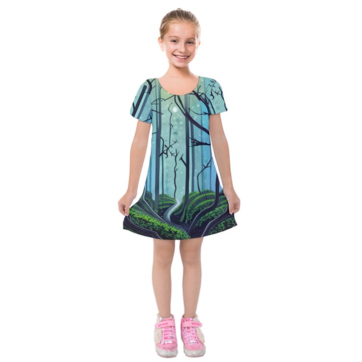 Nature Outdoors Night Trees Scene Forest Woods Light Moonlight Wilderness Stars Kids  Short Sleeve Velvet Dress