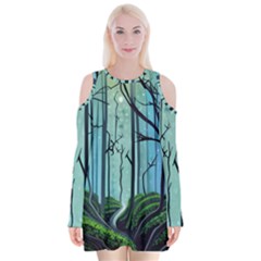 Nature Outdoors Night Trees Scene Forest Woods Light Moonlight Wilderness Stars Velvet Long Sleeve Shoulder Cutout Dress by Posterlux