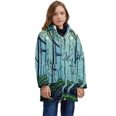 Nature Outdoors Night Trees Scene Forest Woods Light Moonlight Wilderness Stars Kids  Hooded Longline Puffer Jacket by Posterlux