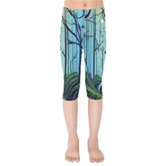 Nature Outdoors Night Trees Scene Forest Woods Light Moonlight Wilderness Stars Kids  Capri Leggings 