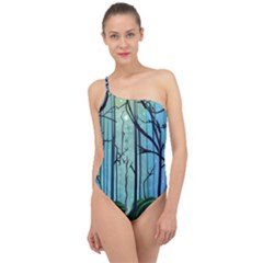 Nature Outdoors Night Trees Scene Forest Woods Light Moonlight Wilderness Stars Classic One Shoulder Swimsuit