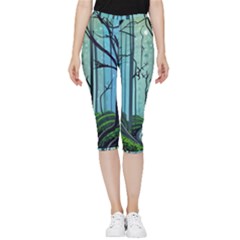 Nature Outdoors Night Trees Scene Forest Woods Light Moonlight Wilderness Stars Inside Out Lightweight Velour Capri Leggings 