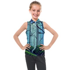 Nature Outdoors Night Trees Scene Forest Woods Light Moonlight Wilderness Stars Kids  Sleeveless Polo T-shirt