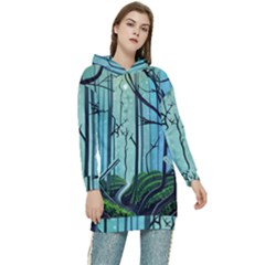 Nature Outdoors Night Trees Scene Forest Woods Light Moonlight Wilderness Stars Women s Long Oversized Pullover Hoodie by Posterlux