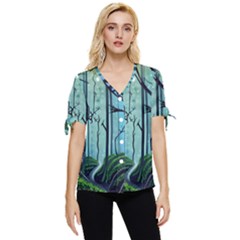 Nature Outdoors Night Trees Scene Forest Woods Light Moonlight Wilderness Stars Bow Sleeve Button Up Top by Posterlux