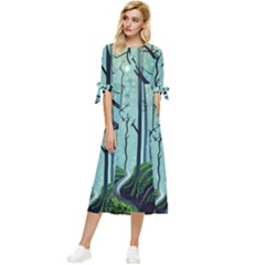 Nature Outdoors Night Trees Scene Forest Woods Light Moonlight Wilderness Stars Bow Sleeve Chiffon Midi Dress