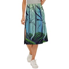 Nature Outdoors Night Trees Scene Forest Woods Light Moonlight Wilderness Stars Midi Panel Skirt by Posterlux