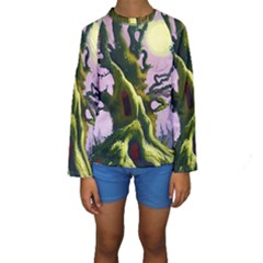 Outdoors Night Full Moon Setting Scene Woods Light Moonlight Nature Wilderness Landscape Kids  Long Sleeve Swimwear