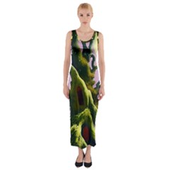 Outdoors Night Full Moon Setting Scene Woods Light Moonlight Nature Wilderness Landscape Fitted Maxi Dress by Posterlux