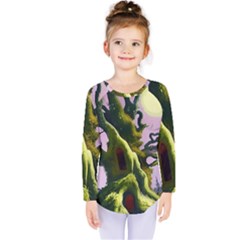 Outdoors Night Full Moon Setting Scene Woods Light Moonlight Nature Wilderness Landscape Kids  Long Sleeve T-shirt