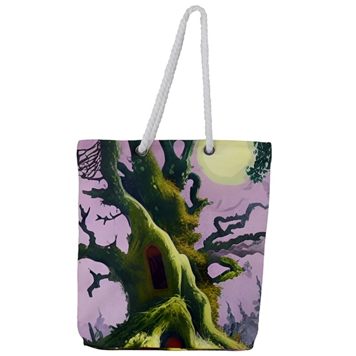 Outdoors Night Full Moon Setting Scene Woods Light Moonlight Nature Wilderness Landscape Full Print Rope Handle Tote (Large)