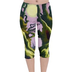 Outdoors Night Full Moon Setting Scene Woods Light Moonlight Nature Wilderness Landscape Velvet Capri Leggings  by Posterlux