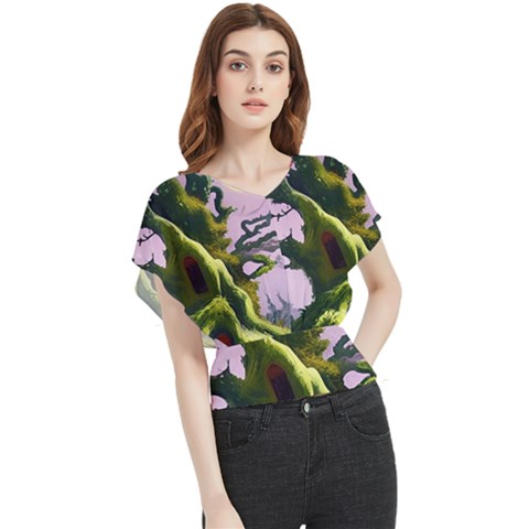 Outdoors Night Full Moon Setting Scene Woods Light Moonlight Nature Wilderness Landscape Butterfly Chiffon Blouse by Posterlux