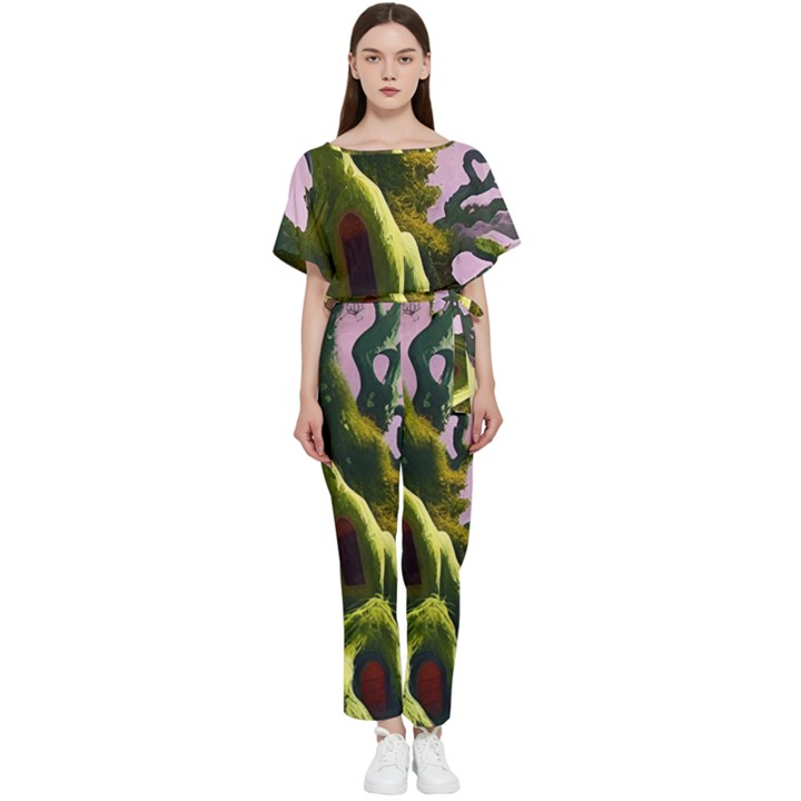 Outdoors Night Full Moon Setting Scene Woods Light Moonlight Nature Wilderness Landscape Batwing Lightweight Chiffon Jumpsuit