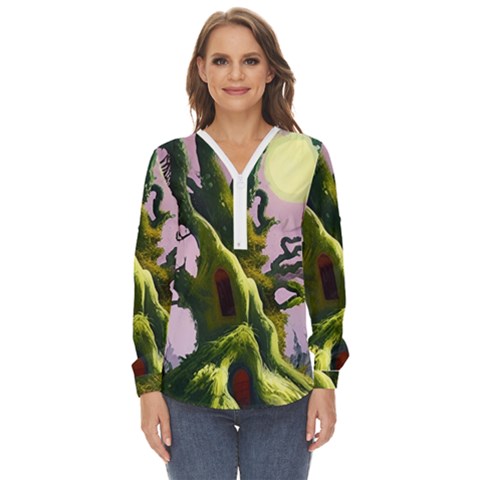 Outdoors Night Full Moon Setting Scene Woods Light Moonlight Nature Wilderness Landscape Zip Up Long Sleeve Blouse by Posterlux