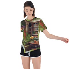 Room Interior Library Books Bookshelves Reading Literature Study Fiction Old Manor Book Nook Reading Asymmetrical Short Sleeve Sports T-shirt by Posterlux