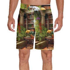 Room Interior Library Books Bookshelves Reading Literature Study Fiction Old Manor Book Nook Reading Men s Beach Shorts by Posterlux