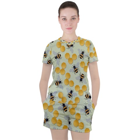 Bees Pattern Honey Bee Bug Honeycomb Honey Beehive Women s T-shirt And Shorts Set by Bedest