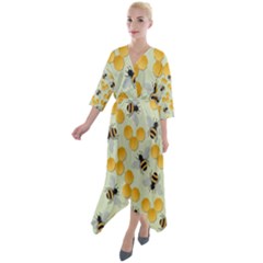 Bees Pattern Honey Bee Bug Honeycomb Honey Beehive Quarter Sleeve Wrap Front Maxi Dress by Bedest