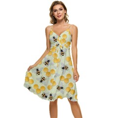 Bees Pattern Honey Bee Bug Honeycomb Honey Beehive Sleeveless Tie Front Chiffon Dress by Bedest