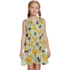 Bees Pattern Honey Bee Bug Honeycomb Honey Beehive Kids  Sleeveless Tiered Mini Dress by Bedest