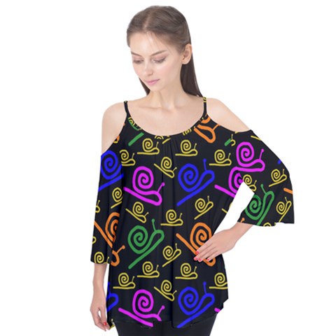 Pattern Repetition Snail Blue Flutter Sleeve T-shirt  by Maspions