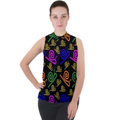 Pattern Repetition Snail Blue Mock Neck Chiffon Sleeveless Top