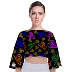 Pattern Repetition Snail Blue Tie Back Butterfly Sleeve Chiffon Top