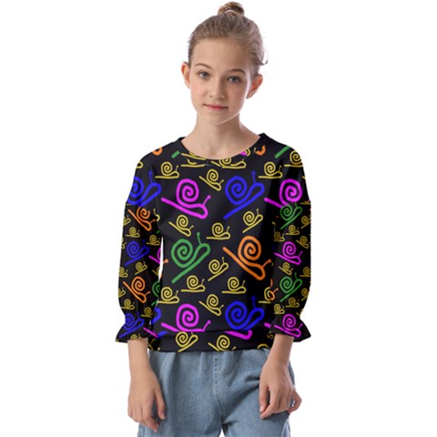 Pattern Repetition Snail Blue Kids  Cuff Sleeve Top by Maspions