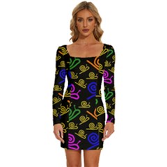 Pattern Repetition Snail Blue Long Sleeve Square Neck Bodycon Velvet Dress