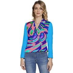 Abstract Swirl Boxes Blue Pink Etc Women s Long Sleeve Revers Collar Cropped Jacket