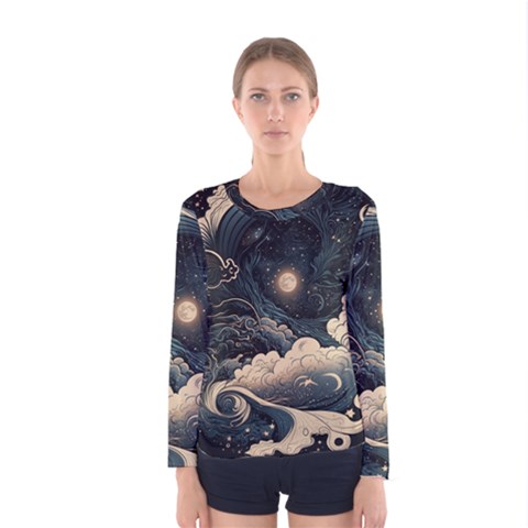 Starry Sky Moon Space Cosmic Galaxy Nature Art Clouds Art Nouveau Abstract Women s Long Sleeve T-shirt by Posterlux