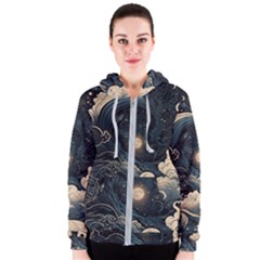 Starry Sky Moon Space Cosmic Galaxy Nature Art Clouds Art Nouveau Abstract Women s Zipper Hoodie