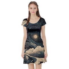 Starry Sky Moon Space Cosmic Galaxy Nature Art Clouds Art Nouveau Abstract Short Sleeve Skater Dress