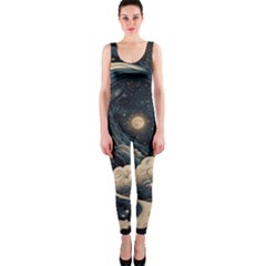 Starry Sky Moon Space Cosmic Galaxy Nature Art Clouds Art Nouveau Abstract One Piece Catsuit