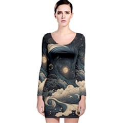 Starry Sky Moon Space Cosmic Galaxy Nature Art Clouds Art Nouveau Abstract Long Sleeve Velvet Bodycon Dress