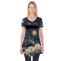 Starry Sky Moon Space Cosmic Galaxy Nature Art Clouds Art Nouveau Abstract Short Sleeve Tunic 