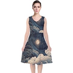 Starry Sky Moon Space Cosmic Galaxy Nature Art Clouds Art Nouveau Abstract V-neck Midi Sleeveless Dress  by Posterlux