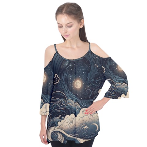 Starry Sky Moon Space Cosmic Galaxy Nature Art Clouds Art Nouveau Abstract Flutter Sleeve T-shirt  by Posterlux