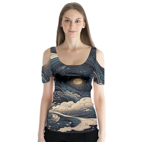 Starry Sky Moon Space Cosmic Galaxy Nature Art Clouds Art Nouveau Abstract Butterfly Sleeve Cutout T-shirt  by Posterlux