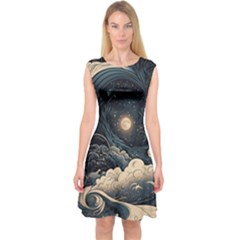 Starry Sky Moon Space Cosmic Galaxy Nature Art Clouds Art Nouveau Abstract Capsleeve Midi Dress by Posterlux