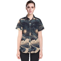 Starry Sky Moon Space Cosmic Galaxy Nature Art Clouds Art Nouveau Abstract Women s Short Sleeve Shirt