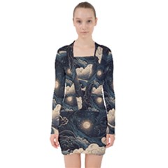 Starry Sky Moon Space Cosmic Galaxy Nature Art Clouds Art Nouveau Abstract V-neck Bodycon Long Sleeve Dress by Posterlux