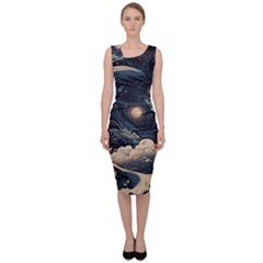 Starry Sky Moon Space Cosmic Galaxy Nature Art Clouds Art Nouveau Abstract Sleeveless Pencil Dress